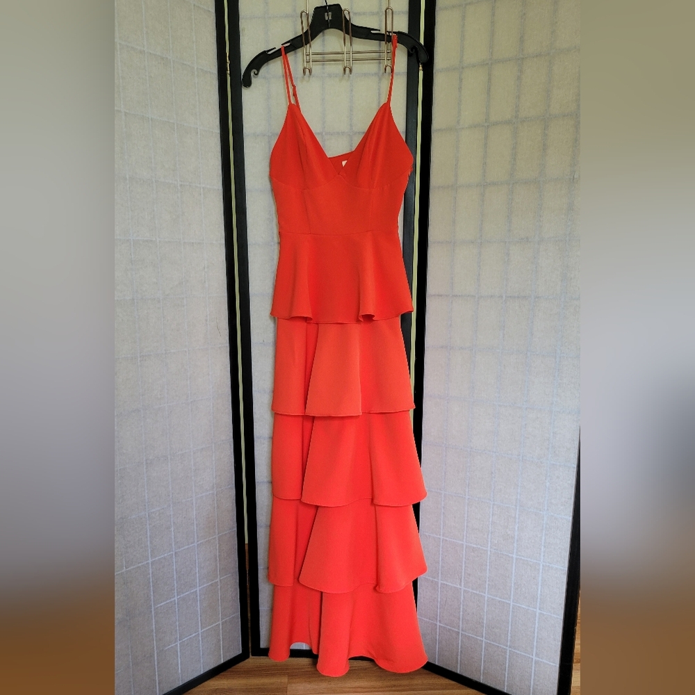 Orange Tiered Ruffled Maxi Sundress for Cocktail